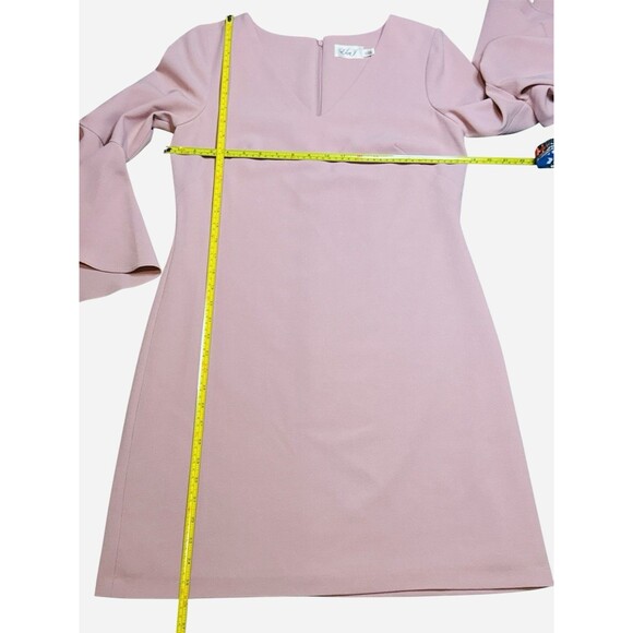 ELIZA J Pink Blush Ruffle V-Neck 3/4 Bell Sleeve Crepe Shift Sheath Dress 8 - Picture 6 of 8